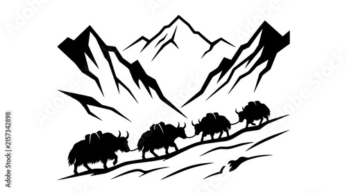 Yaks Trekking Through Snowy Mountain Landscape Silhouette.