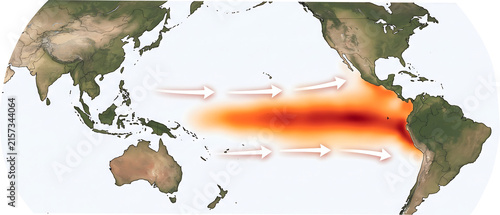 Equatorial Pacific Ocean Climate Phenomenon Map Highlighting El Niño Ocean Surface Temperature Heating Trade Wind Direction And Global Weather Variations
