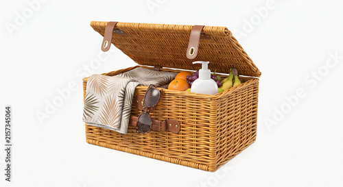 Woven wicker picnic basket opens to reveal fresh fruit, a patterned towel, and lotion bottle on a white background.