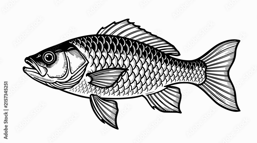 Fototapeta premium black and white fish illustration, side view