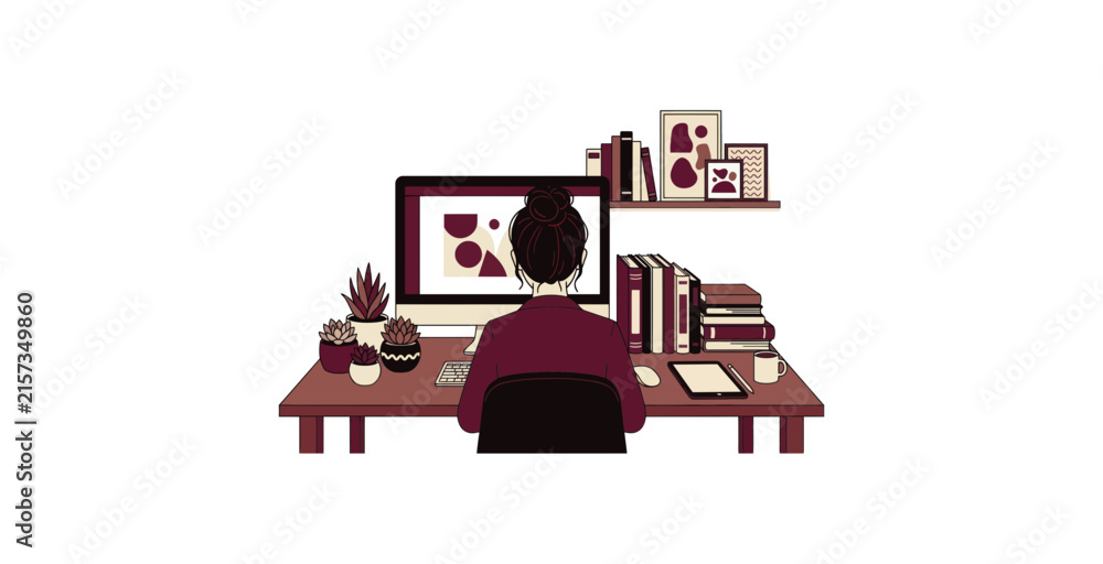 Fototapeta premium Woman Working at Desk Vector Illustration