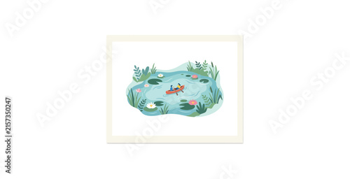 People Rowing Canoe in Pond Vector Illustration