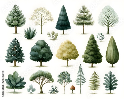Collection of diverse watercolor trees and plants, rendered in a charming artistic style