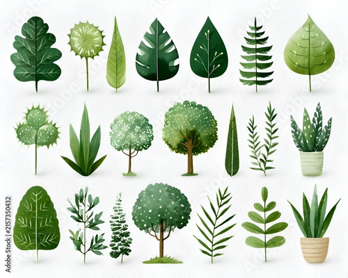 Collection of watercolor illustrations of various green plants and trees
