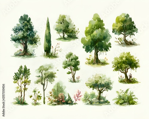 Collection of watercolor illustrations of various green trees and plants