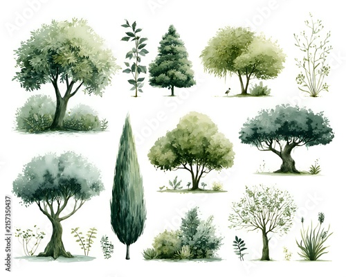 Watercolor illustrations of various trees and plants on a white background
