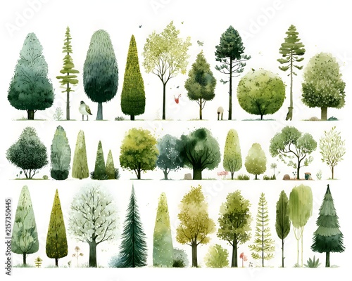Collection of watercolor illustrations of diverse trees and plants in various shapes and sizes