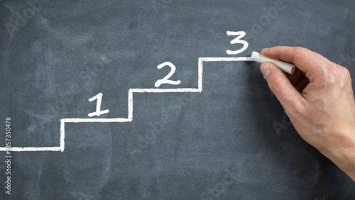 Hand drawing a chalk staircase with numbers 1, 2, 3 on a dark chalkboard, representing steps and progress.