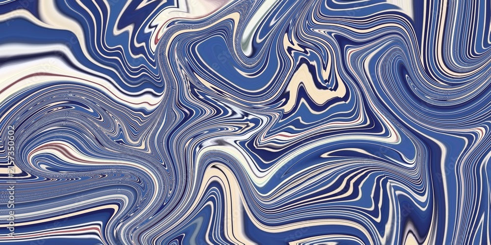 Fototapeta premium Vibrant abstract fluid marble texture featuring sweeping waves in deep blue, soft cream, and white. Modern dynamic background design.