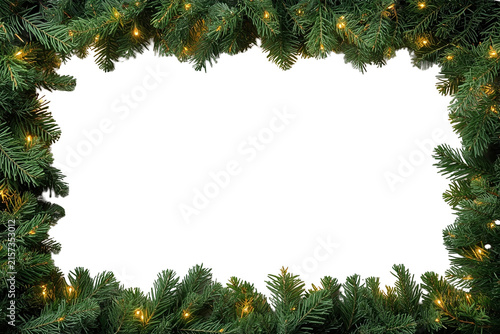 Evergreen Christmas border frame with glowing warm lights and dense pine branches