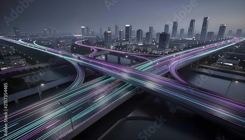 Futuristic transportation scene with urban roadway and digital connectivity