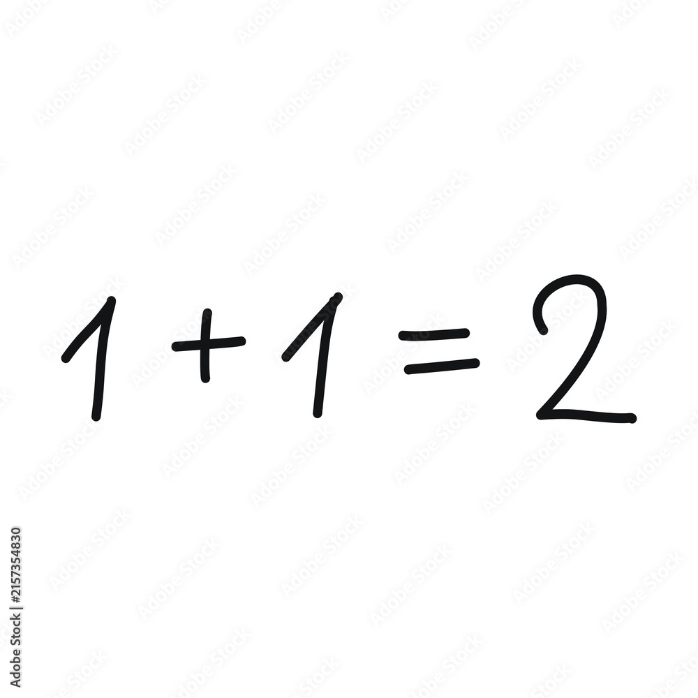 Fototapeta premium Simple addition equation 1 plus 1 equals 2 on clean white background for education