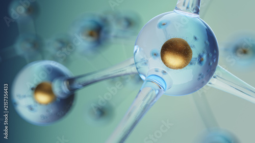 Macro close-up of glass atom sphere with golden core and connecting molecular bonds