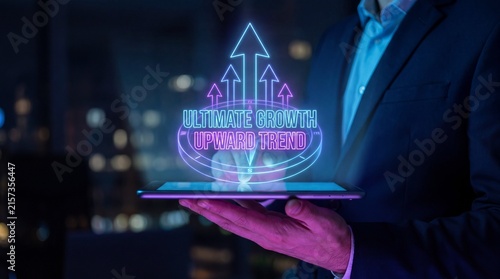 Businessman Holding Digital Tablet with Glowing 3D Compass Hologram for Ultimate Growth Concept