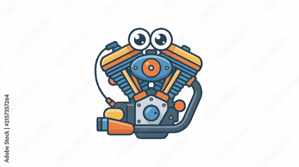 Naklejka premium V-twin motorcycle engine character featuring googly eyes stands isolated on white.