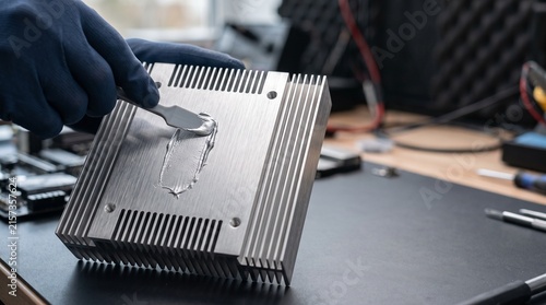 Fotografie Technician applying thermal paste to a computer CPU heatsink for cooling system maintenance
