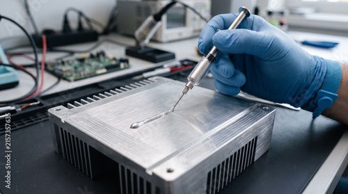 Technician applying thermal compound to a computer heatsink in an electronics repair lab