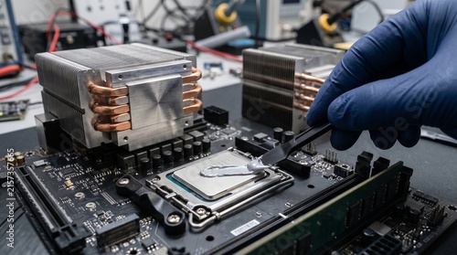 Technician applying thermal compound to a computer processor on a motherboard