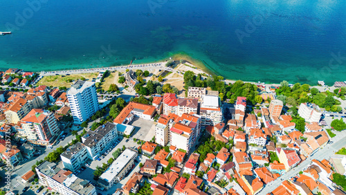 Aerial view of Pogradec, Albania, nestled on the shores of Lake Ohrid