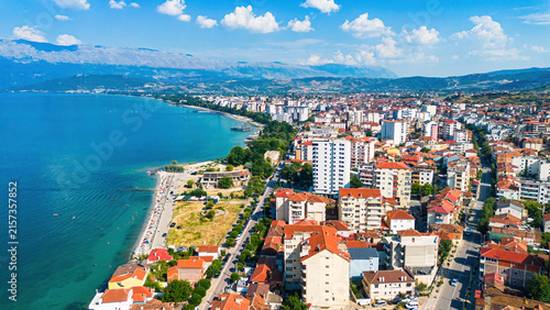 Aerial view of Pogradec, Albania, nestled on the shores of Lake Ohrid