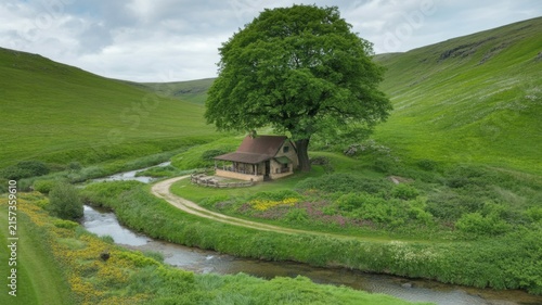 Quaint Cottage Under Ancient Oak Tree Beside Stream in Green Rolling Countryside