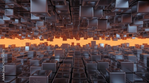 Abstract Black Metallic Cubes Floating in 3D Sci-Fi Digital Space with Orange Glow