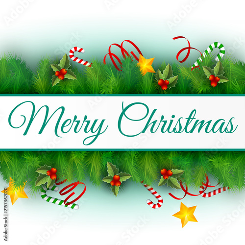 Festive merry christmas banner with pine branches, holly, candy canes, and stars greeting holiday