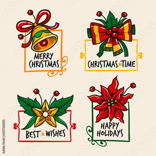 Four christmas themed decorative labels with festive and greetings holiday bell