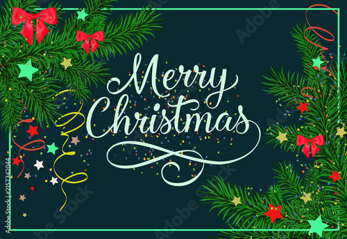 Merry christmas greeting with fir branches, red bows, and confetti on dark background, holiday celebration