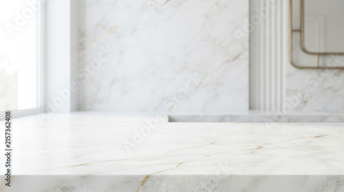 A marble countertop sits on a bright, modern kitchen counter. The countertop has a white base with golden veining.
