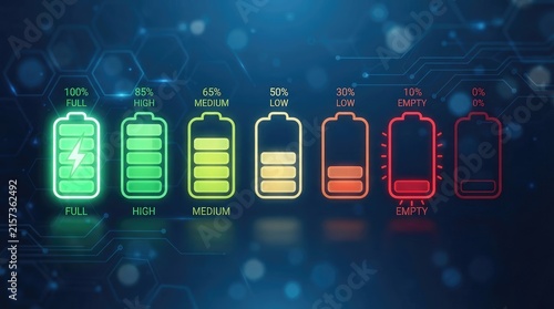 The image displays a graphic illustrating battery levels. It shows five stylized battery icons, each representing a percentage of charge, ranging from 100% full to 0% empty.