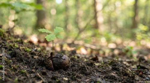 A young oak seedling emerges from the soil in a forest setting. The seedling is nestled among dark earth and moss, with a fallen acorn nearby.