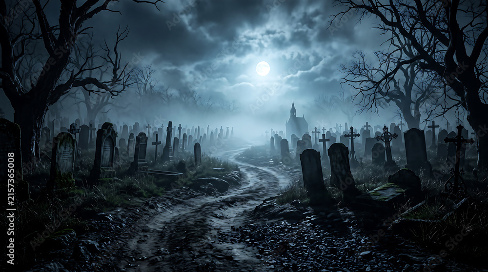 Fototapeta premium Haunted graveyard with tombstones under bright full moon in spooky misty night forest scene.