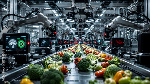 Robotic vision systems inspecting fresh vegetables on an automated food production line