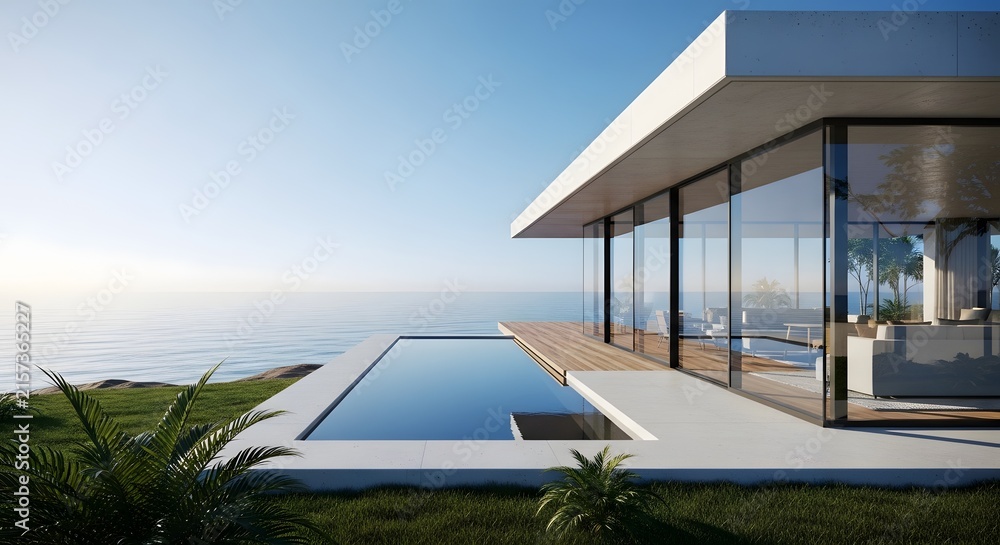 Fototapeta premium This photograph captures a modern luxury mansion under a real estate architecture concept, featuring expansive glass windows, property, and a swimming pool, with no people present.