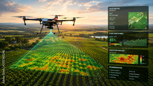 Agricultural drone scanning a vineyard with crop health analytics