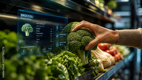 Shopper selecting fresh broccoli with digital nutrition information display