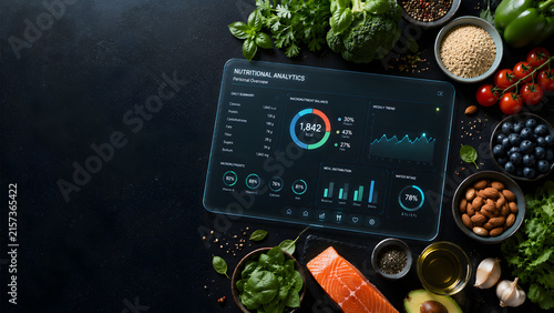 Digital nutritional analytics dashboard surrounded by healthy foods
