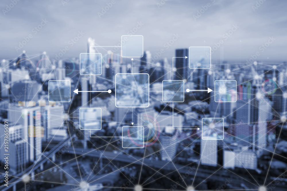 Fototapeta premium Abstract Urban Network with Digital Connections Over City Skyline Featuring Technological Innovation and Data Visualization Concepts. Bitwise.