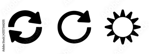 Black circular reload arrows and stylized sun icon for daylight theme switching or weather app interface set.