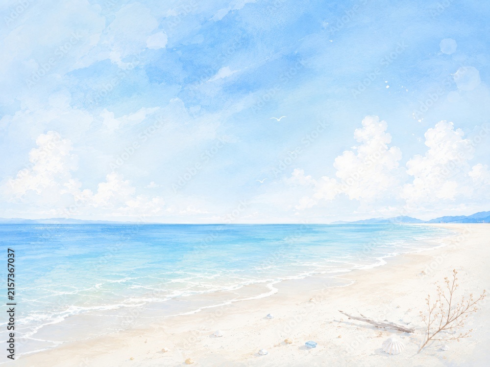 Fototapeta premium 青空と透明な海が広がる夏の砂浜の水彩風景