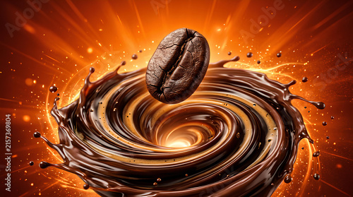 Coffee bean swirling in glowing liquid vortex light.
