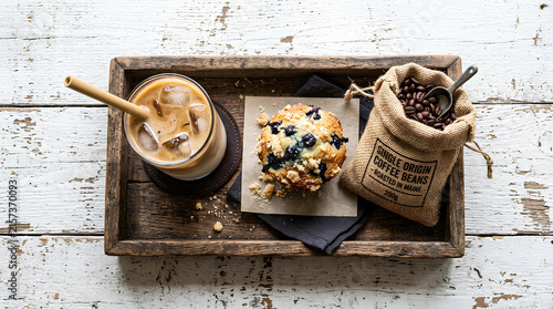 Coffee breakfast tray with iced latte and muffin