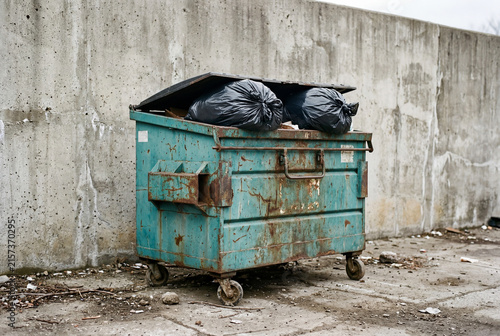 Weathered turquoise industrial dumpster filled with black trash bags standing on a concrete surface