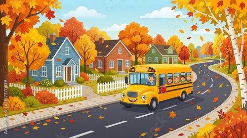 Yellow school bus driving through a suburban autumn landscape.