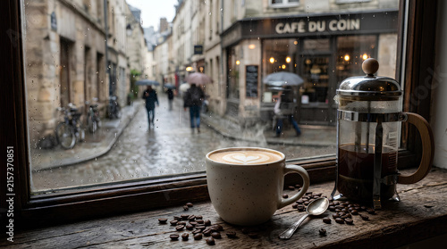 Coffee cup and French press on a rainy windowsill.