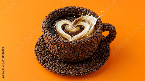 Coffee cup and saucer made entirely of coffee beans.