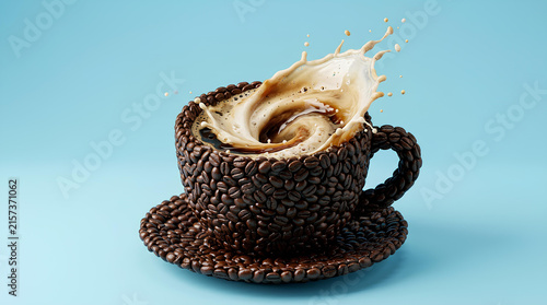 Coffee cup made of beans with splash on blue background