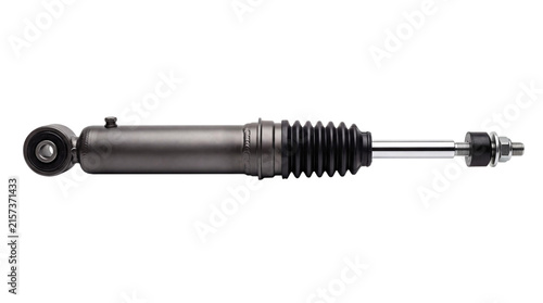 Foto Automotive shock absorber with black bellows and silver cylinder on white isolat