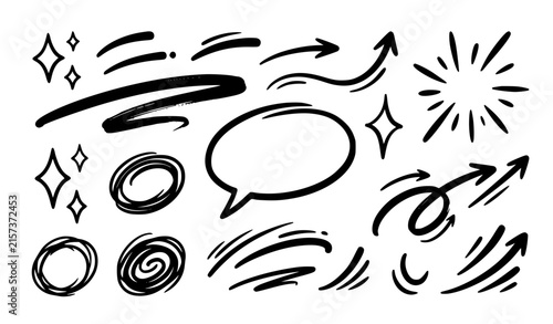 Hand Drawn Doodle Element Set with Line Art Arrow, Speech Bubble, Star, and Scribble Symbols for Social Media Design